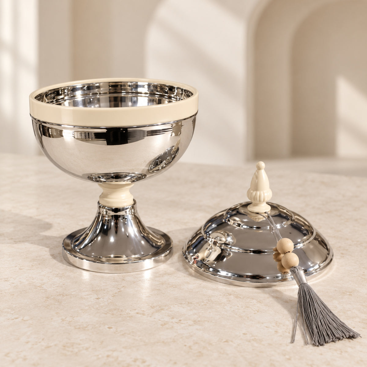 Luxury Silver Pedestal Dates Bowl with Lid & Tassel – Ivory Accent