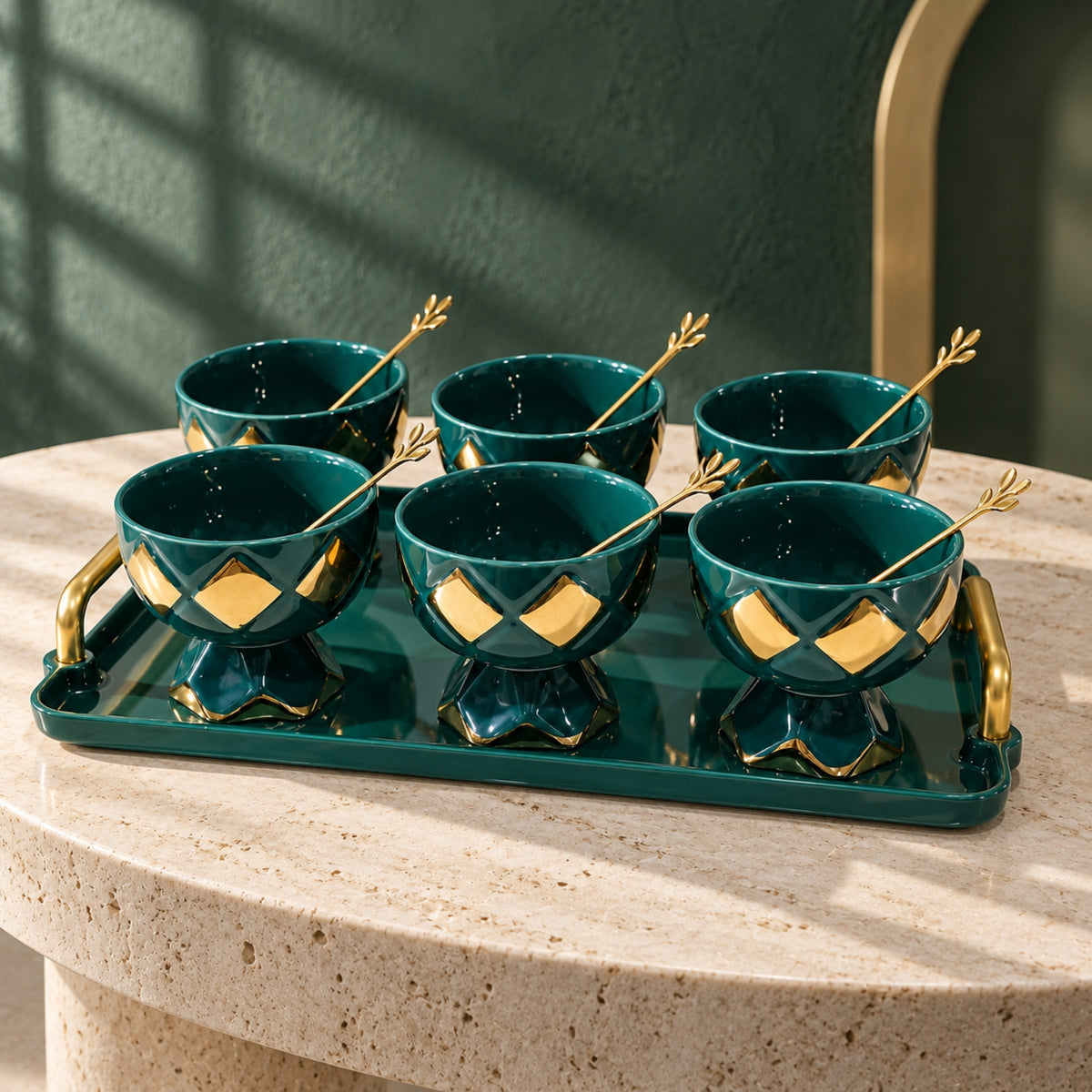 6-Piece Emerald Green & Gold Dessert Bowl Set with Tray & Spoons – 13 Pieces