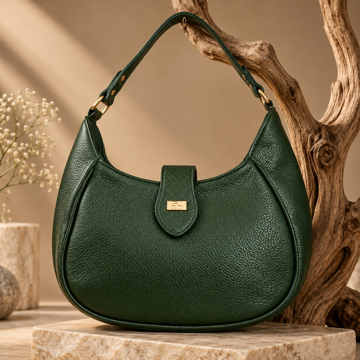 Elegant Dark Green Leather Shoulder Bag – Ladies Handbag with Gold-Tone Detail