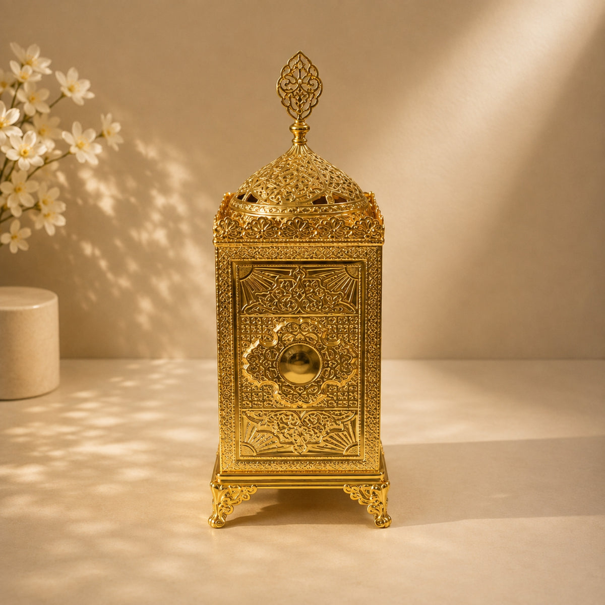 5-Inch Gold Incense Burner with Knotted Flower Design & Lid