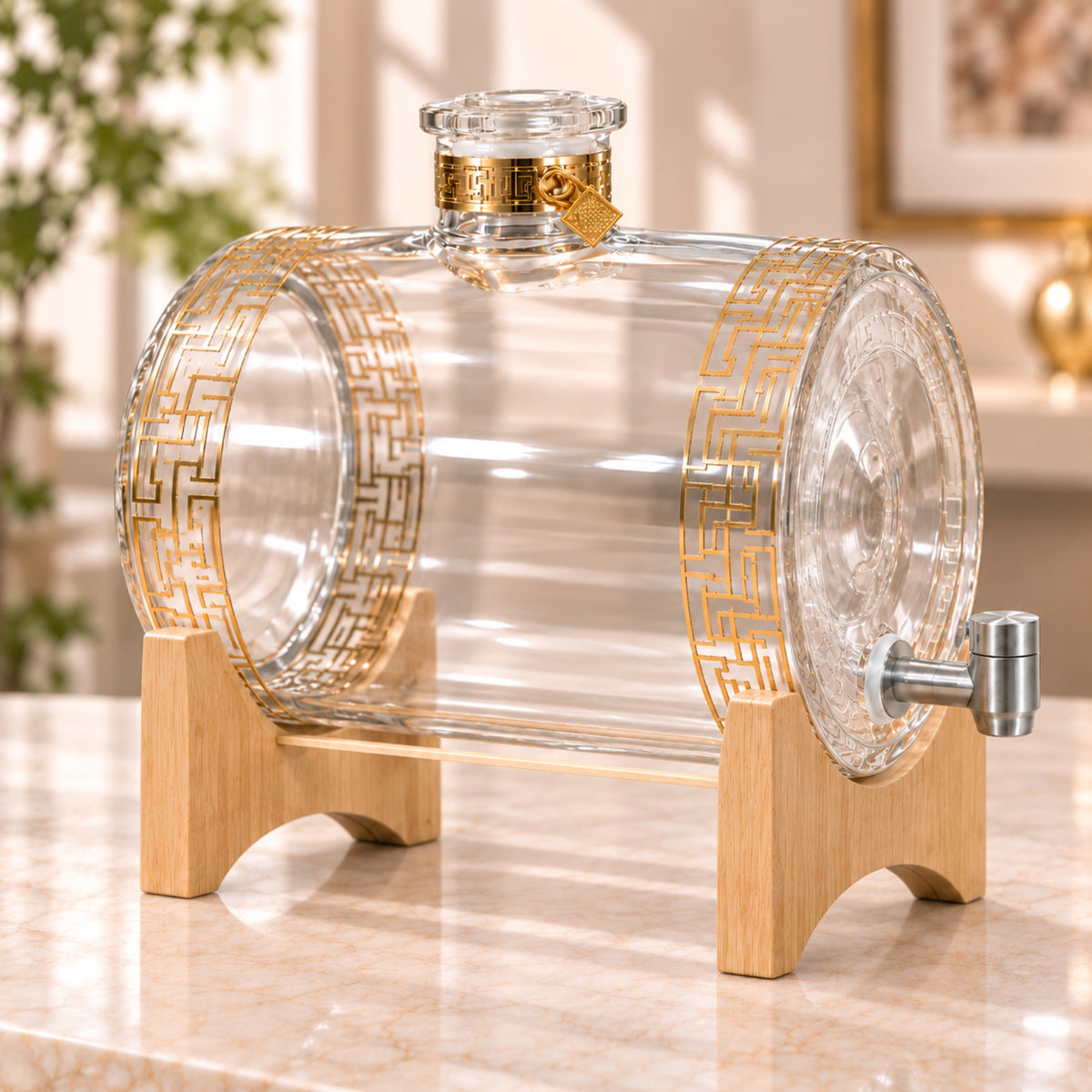 Luxury Glass Juice Dispenser with Wooden Stand & Gold Detail – 5L / 7.5L