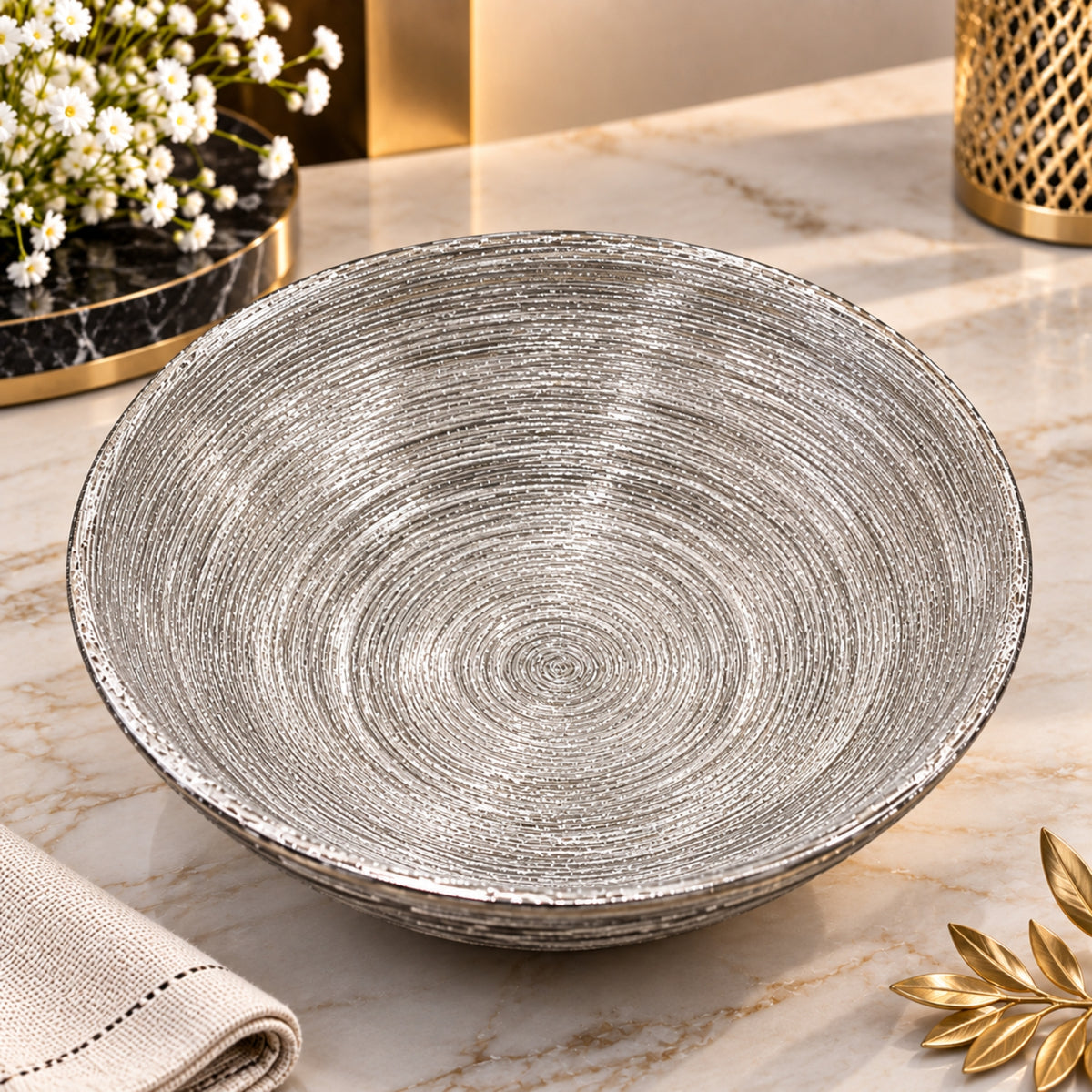 Luna Silver Big Decorative Bowl – Metallic Textured Finish