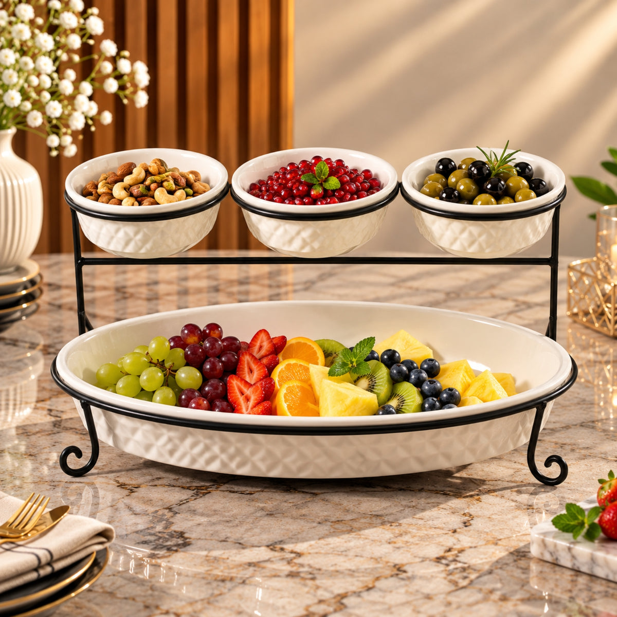 2-Tier Oval Serving Set with 3 Bowls & Metal Stand – DY4036