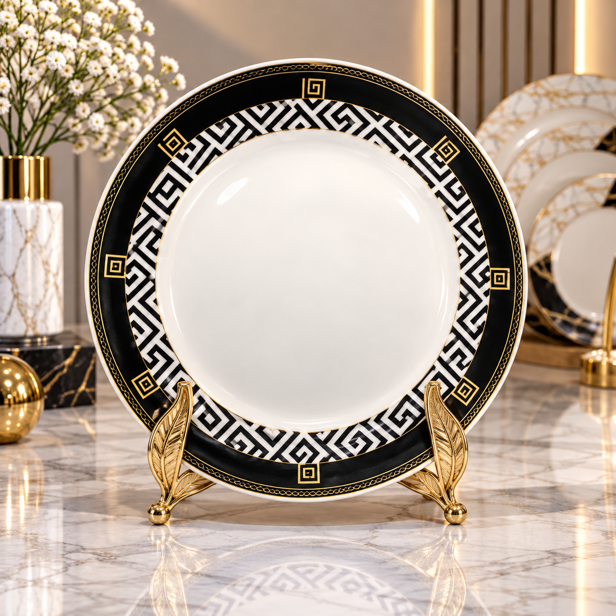 Luxury Black, White & Gold Decorative Round Serving Plates – 15, 20 & 26 Inch
