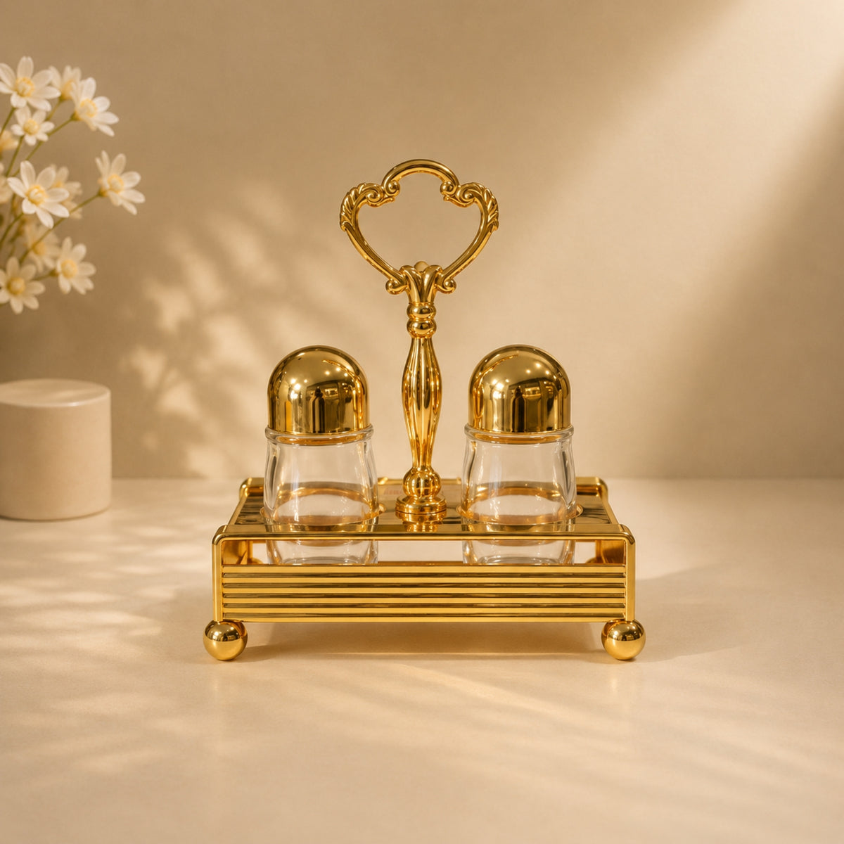 Gold Ring Handle Salt & Pepper Shaker Set with Flat Iron Stand