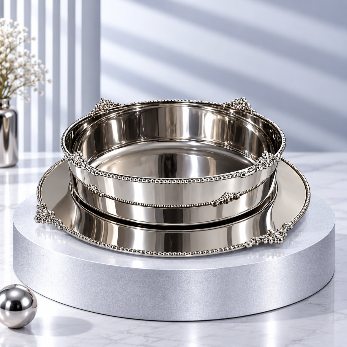 Luxury Stainless Steel Bowl with Serving Plate – Silver