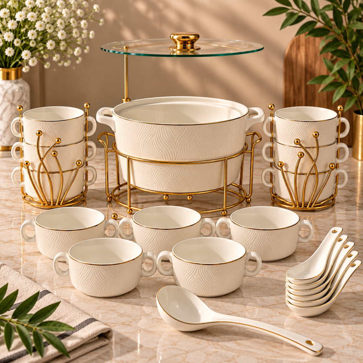15-Piece Embossed White & Gold Soup Serving Set with Stand