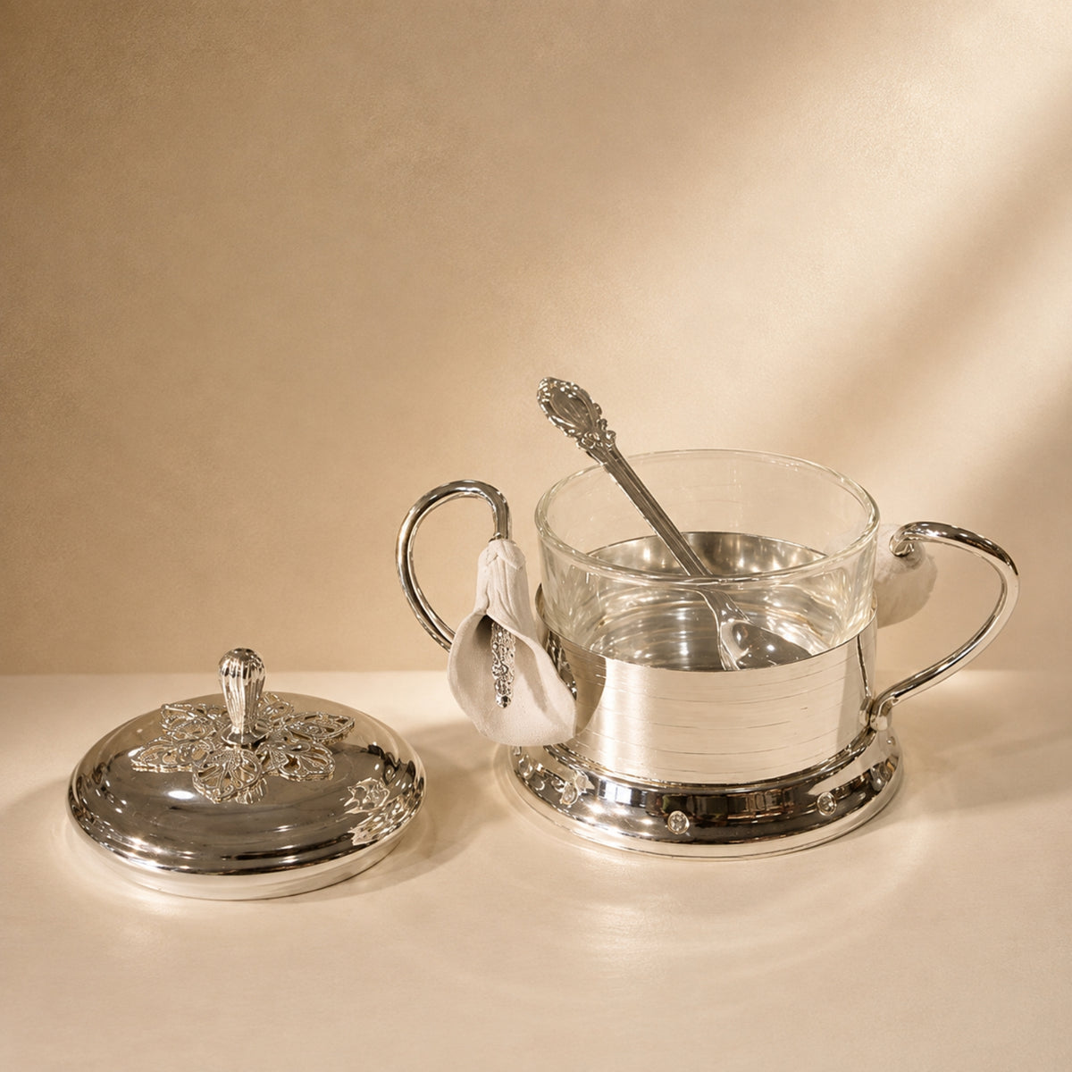 Calla Lily Double Ear Sugar Bowl with Lid & Spoon – Silver – JH1T2766
