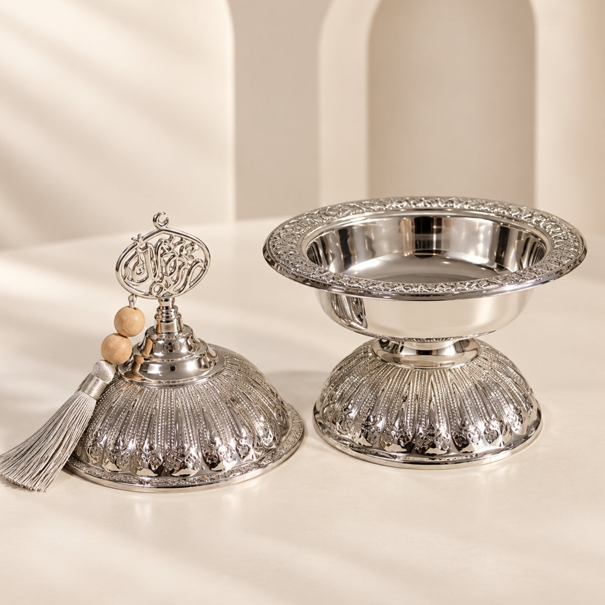 Luxury Silver Ornate Pedestal Dates Bowl with Lid & Decorative Tassel