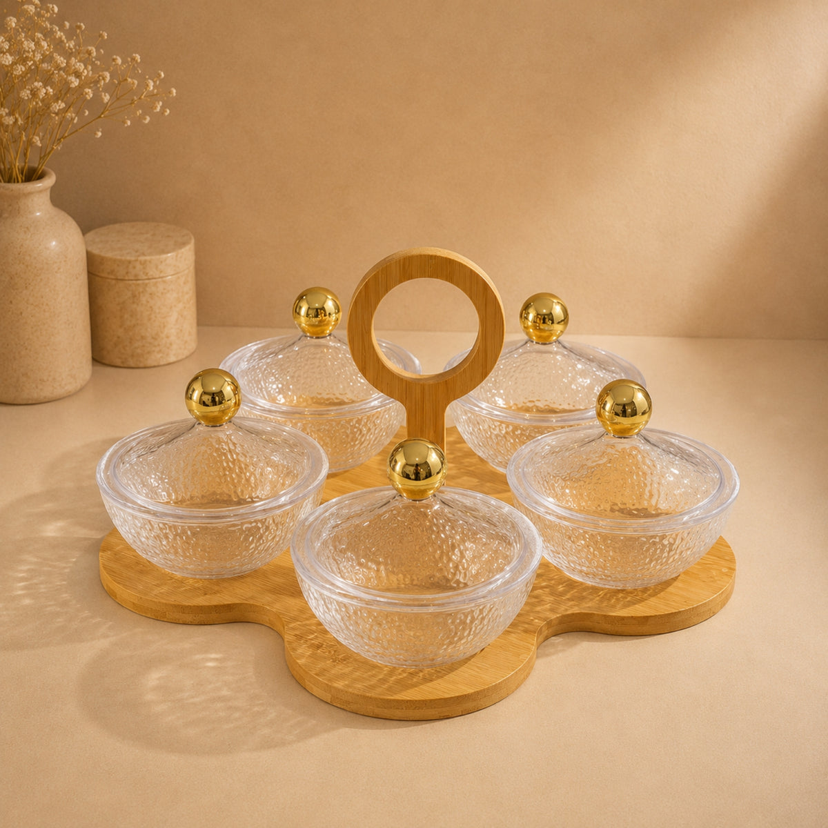 5-Piece Glass Tajine Serving Set with Wooden Stand & Gold Knobs – TAJ-13