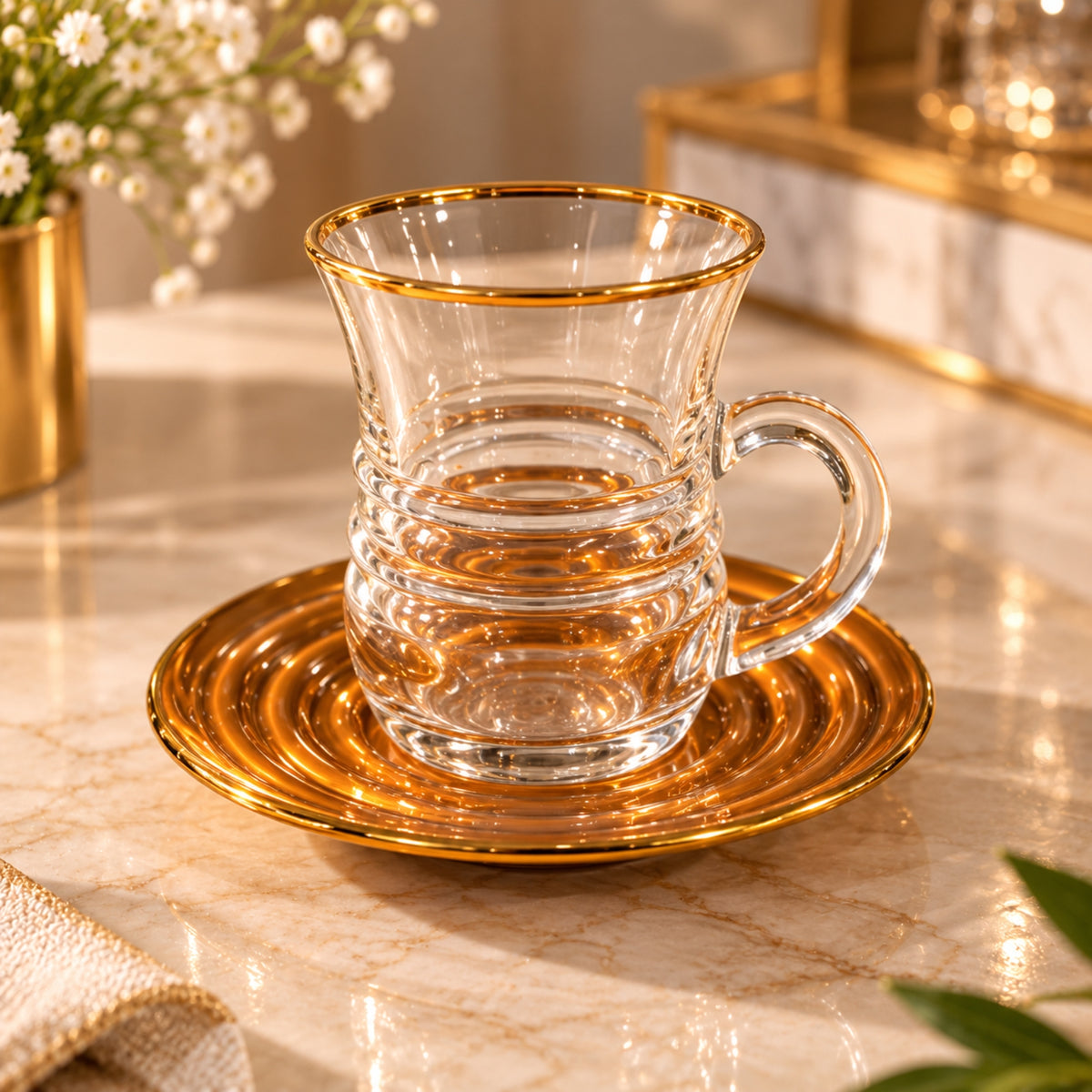 12-Piece Clear Glass Tea Cup & Saucer Set with Gold-Tone Accents