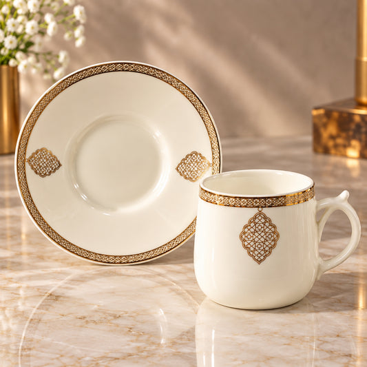 12-Piece 220ml Tea Cup & Saucer Set – White with Elegant Gold Design