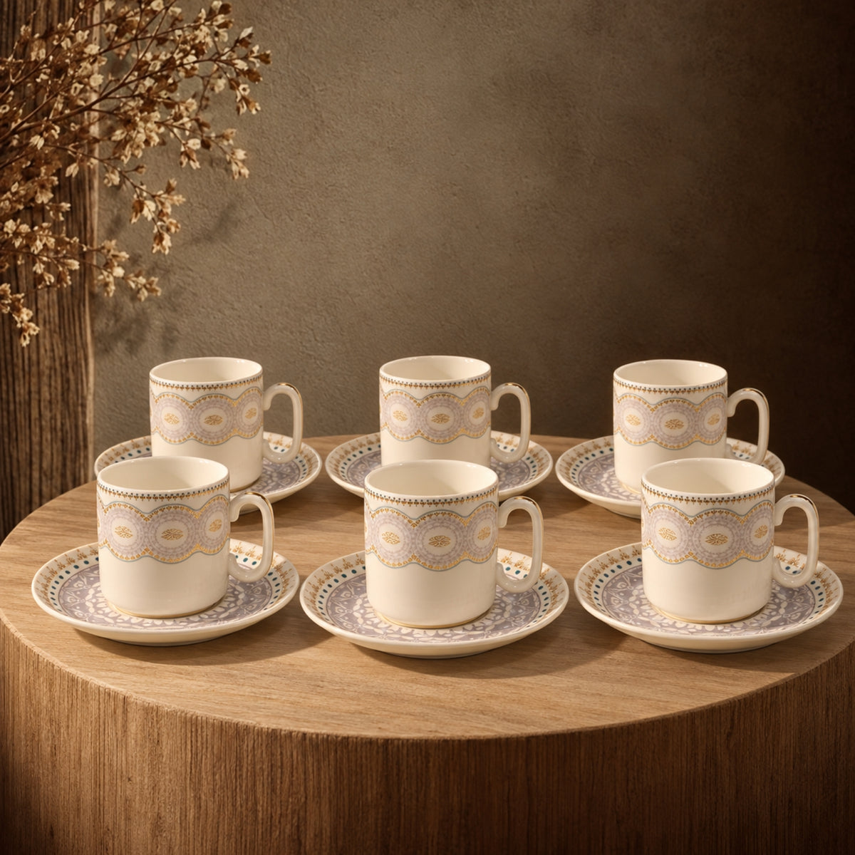12-Piece Turkish Tea & Coffee Cup and Saucer Set – Ivory, Grey & Gold Design