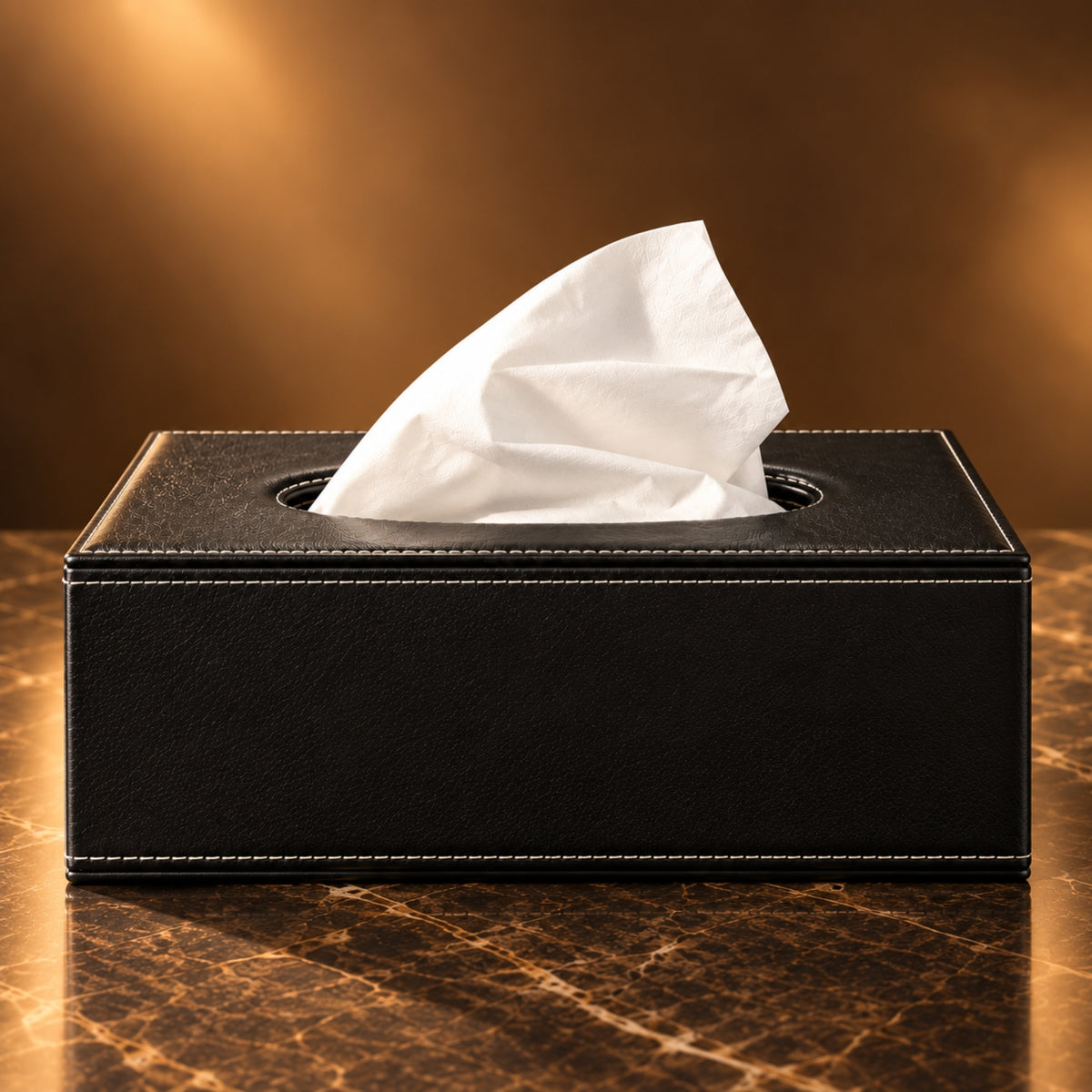 Premium Black Leather Rectangular Tissue Box with Contrast Stitching