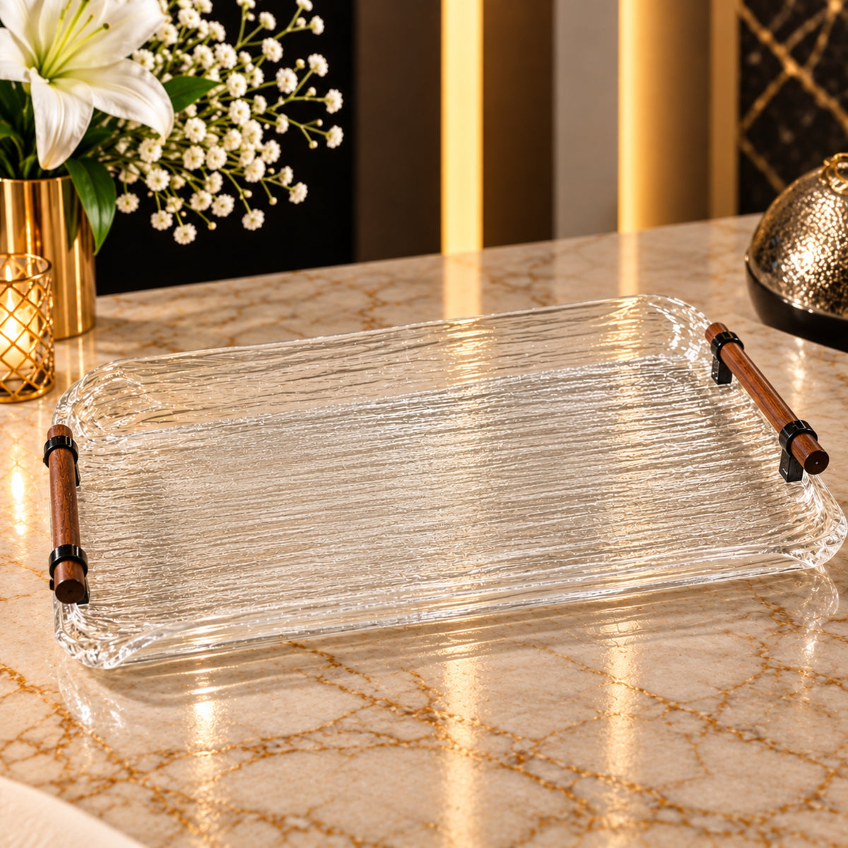 Luxe Textured Crystal XL Serving Tray with Wood-Style Handles – Single Piece