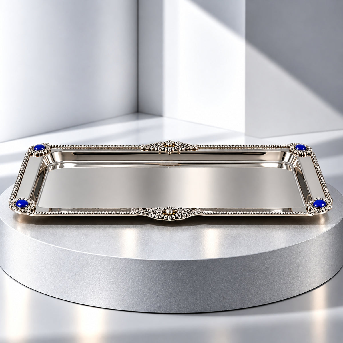 Luxury Ornate Stainless Steel Rectangular Serving Tray – Silver – 17 × 8 Inch