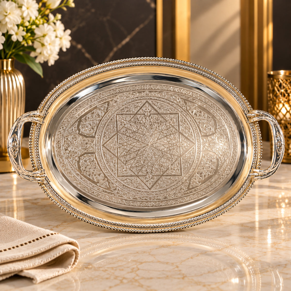 Luxury Silver-Plated Engraved Oval Serving Tray 3-Piece Set with Handles | FG527S