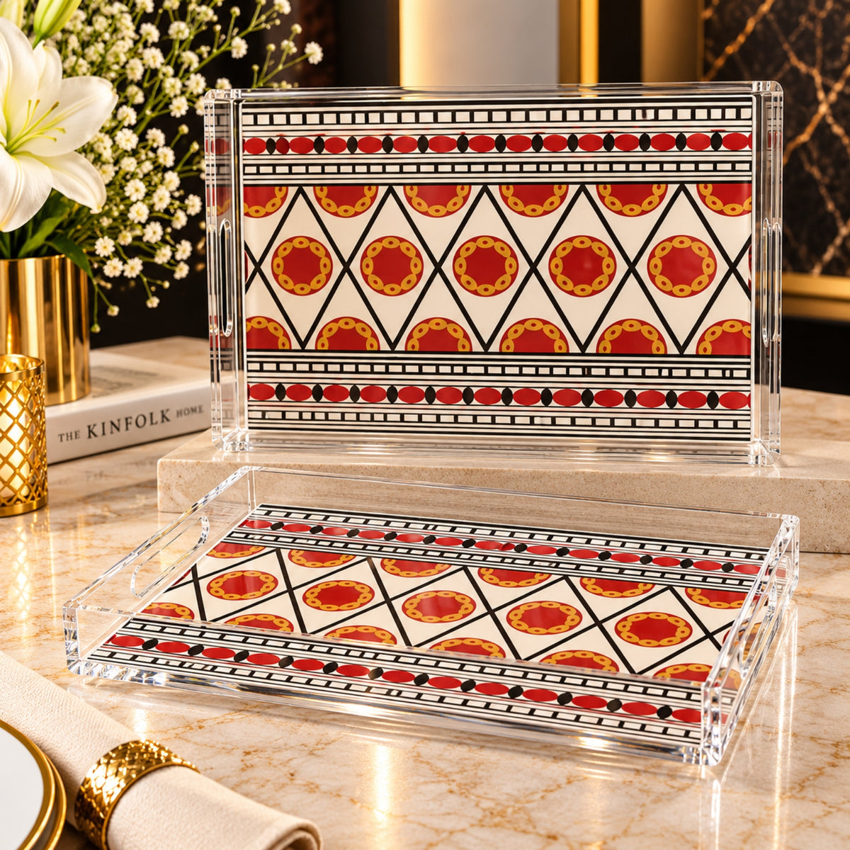 Heritage Pattern Clear Acrylic Serving Tray 2-Piece Set – Red, Black & Gold Design