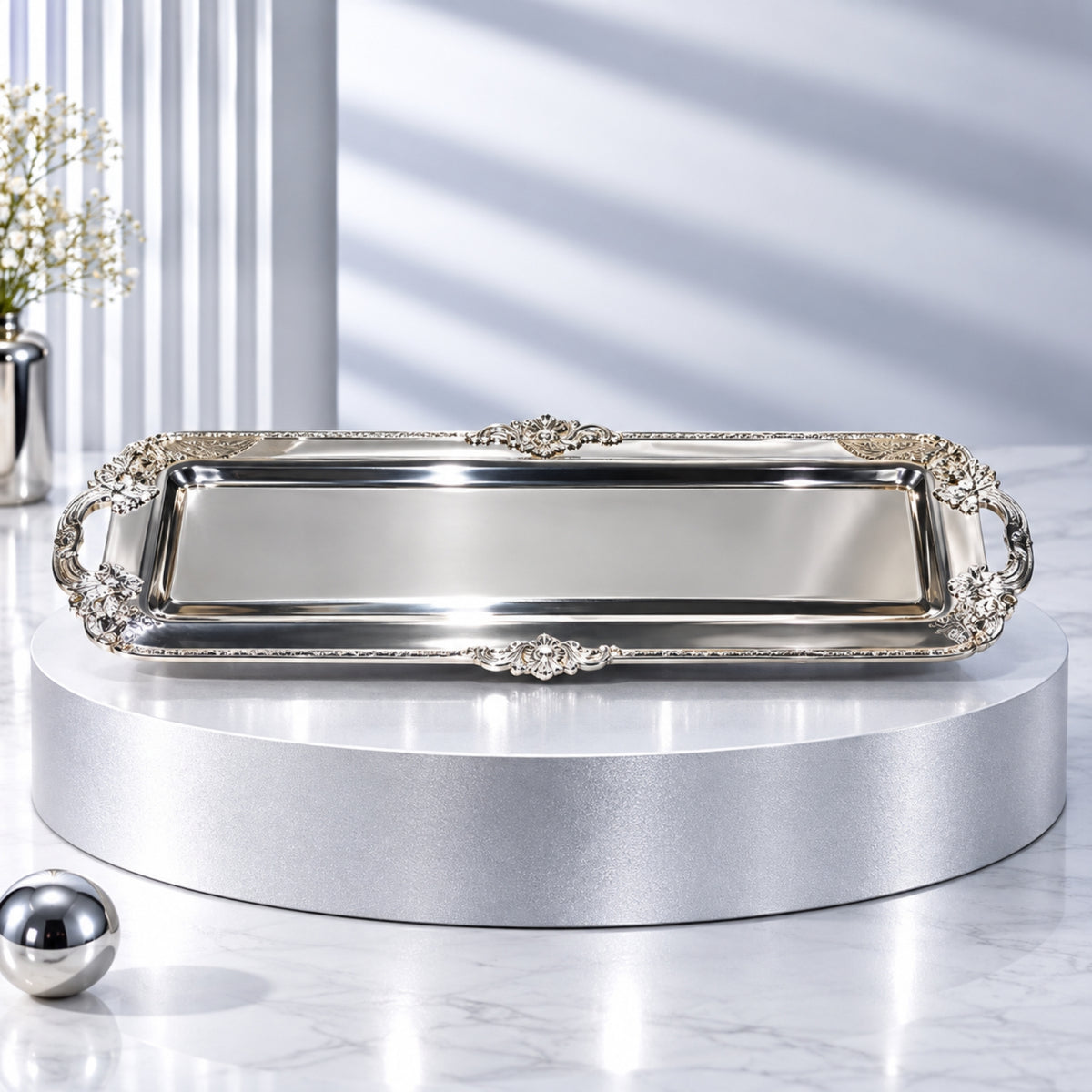 Luxury Silver Steel Serving Tray with Ornate Handles – 11 × 7 Inches