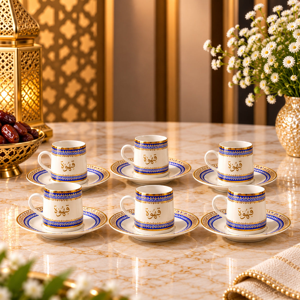 Turkish coffee cup and saucer 12-piece set with 6 white cups and 6 matching saucers featuring royal blue patterns, gold detailing and Arabic coffee lettering