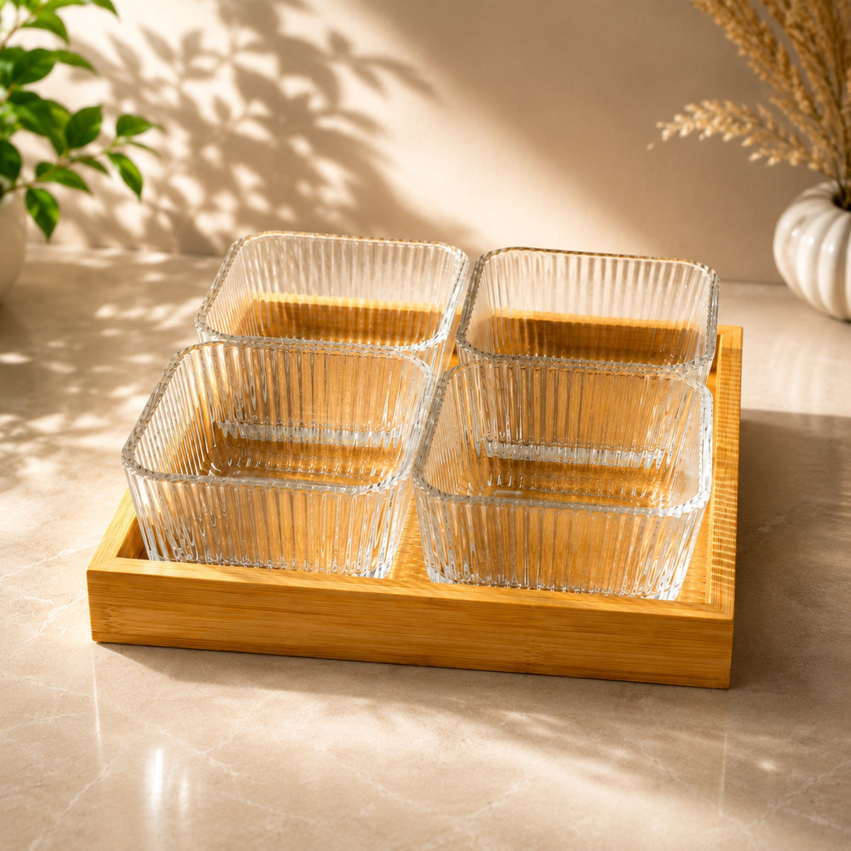 Multifunctional vertical pattern glass fruit and snack bowl 5-piece set with four square bowls and serving tray