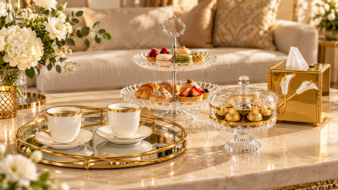 Coffee table with white-and-gold tea cups, a mirrored tray, two-tier dessert stand, covered candy jar and gold tissue box