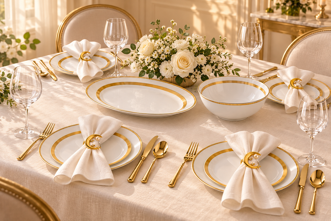 Elegant white-and-gold table setting with gold cutlery, crescent napkin holders and clear stemmed glasses.