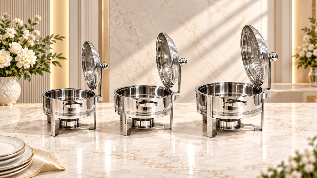 Silver round chafing dishes in 4L, 6L and 8L sizes with hinged lids open
