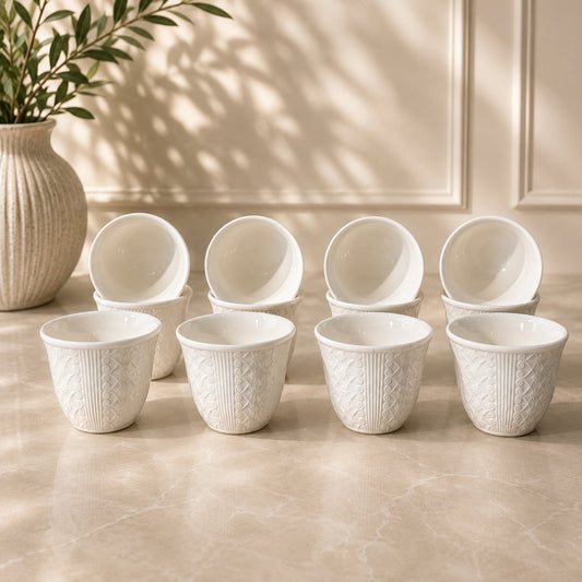 Embossed White Cawa Cup Set – 12 Pieces