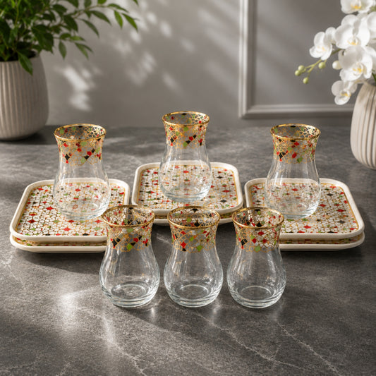 Multicolour & Gold Glass Tea Cup & Saucer Set 12 Pieces