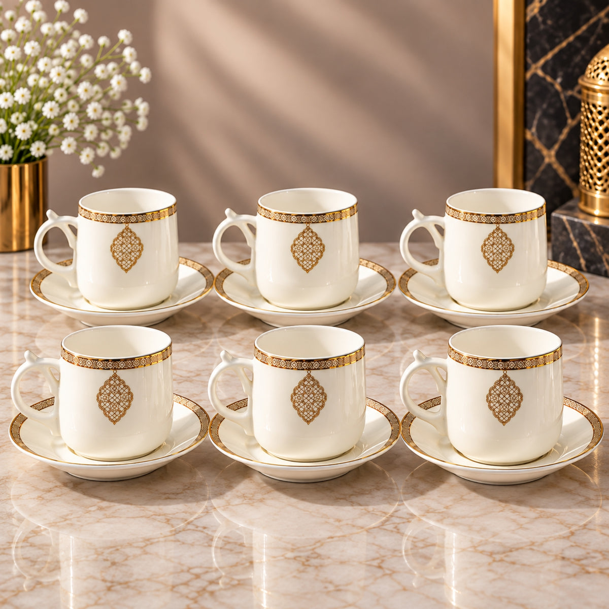 12-Piece 220ml Tea Cup & Saucer Set – White with Elegant Gold Design