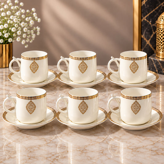 12-Piece 220ml Tea Cup & Saucer Set – White with Elegant Gold Design