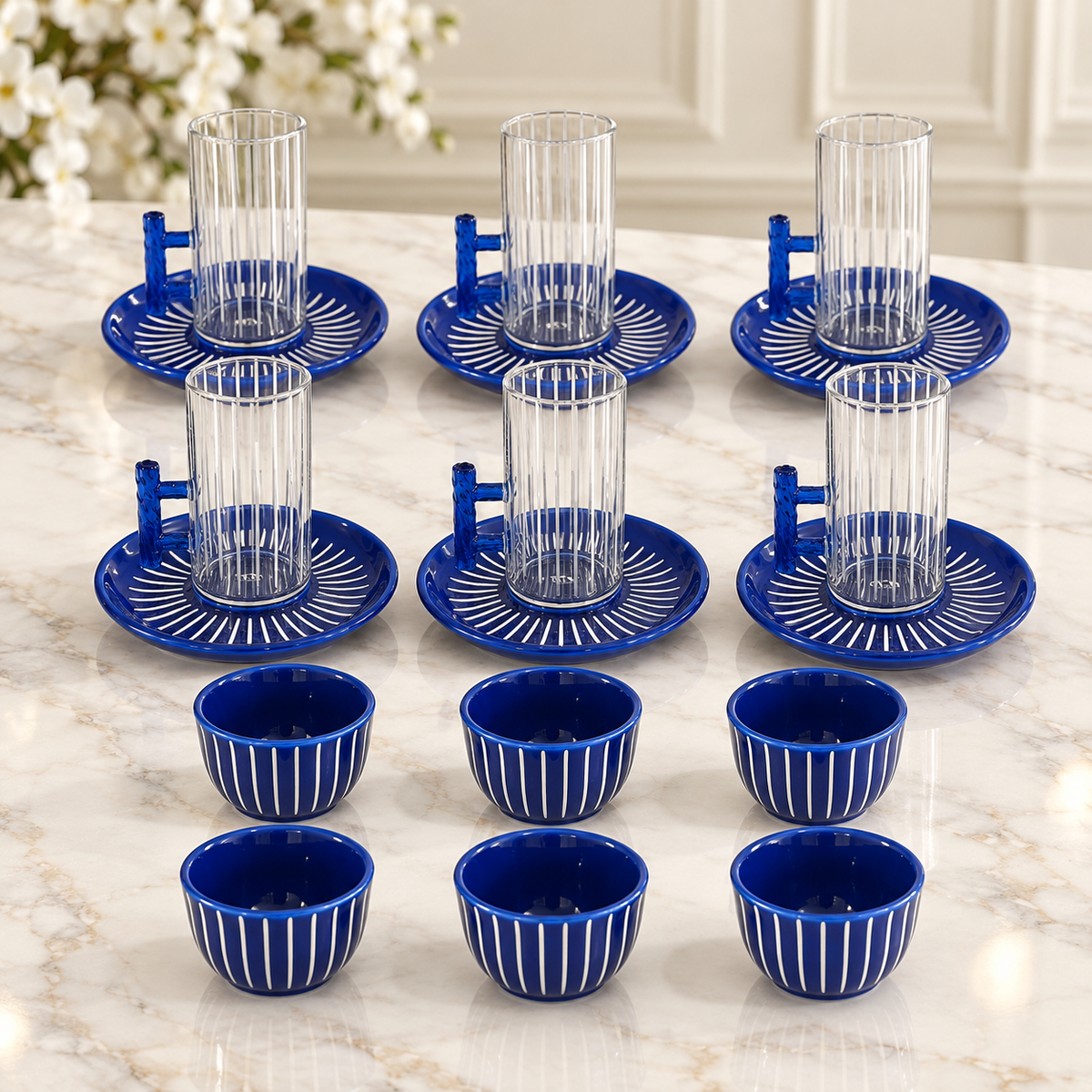 Luxury cobalt blue tea and cawa cup set ST010 with 6 ribbed glass tea cups, 6 matching blue saucers and 6 Arabic coffee cups