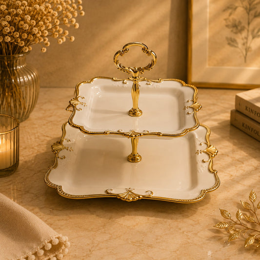 Luxury 2-Tier Porcelain Sweet Serving Plate | BRKH-66-2 – White & Gold