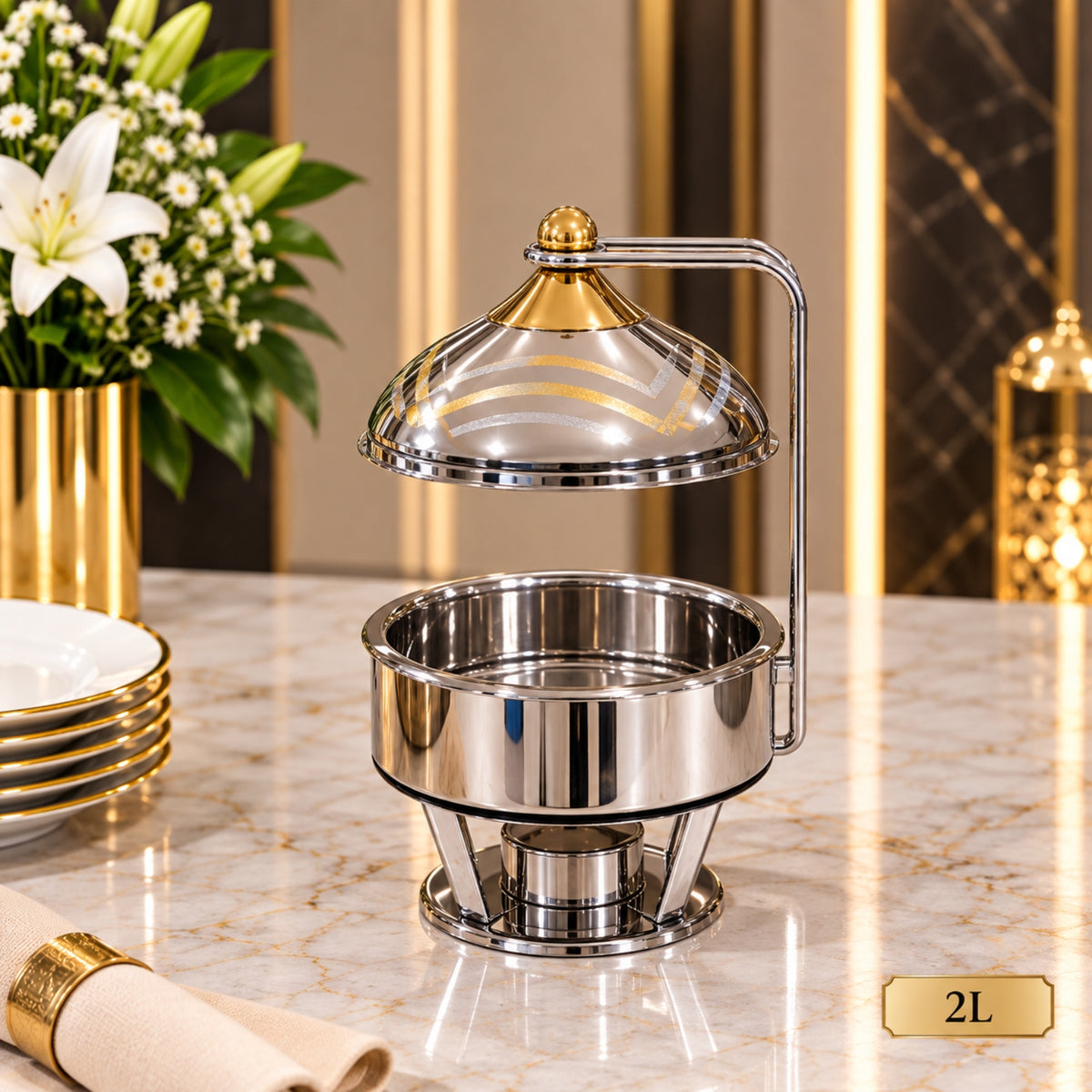 Premium Round Silver Chafing Dish with Suspended Dome Lid – 2L, 4L, 5L & 6L