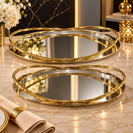 Luxury Round Mirror Serving Tray 2-Piece Set – Gold & Silver Finish
