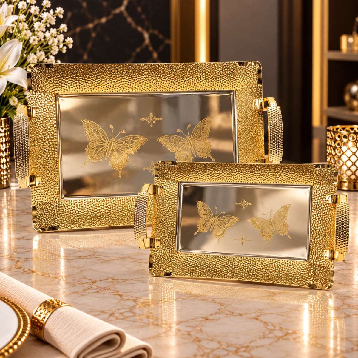 Luxury Silver-Plated Rectangular Serving Tray 2-Piece Set with Gold Butterfly Design