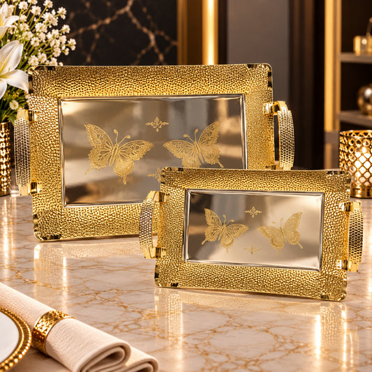 Luxury Silver-Plated Rectangular Serving Tray 2-Piece Set with Gold Butterfly Design