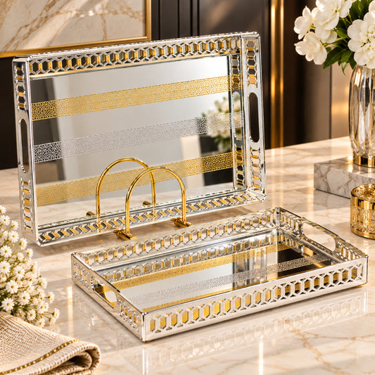Luxury Silver-Plated Rectangular Serving Tray 2-Piece Set – Gold Accent Design | JKM32N