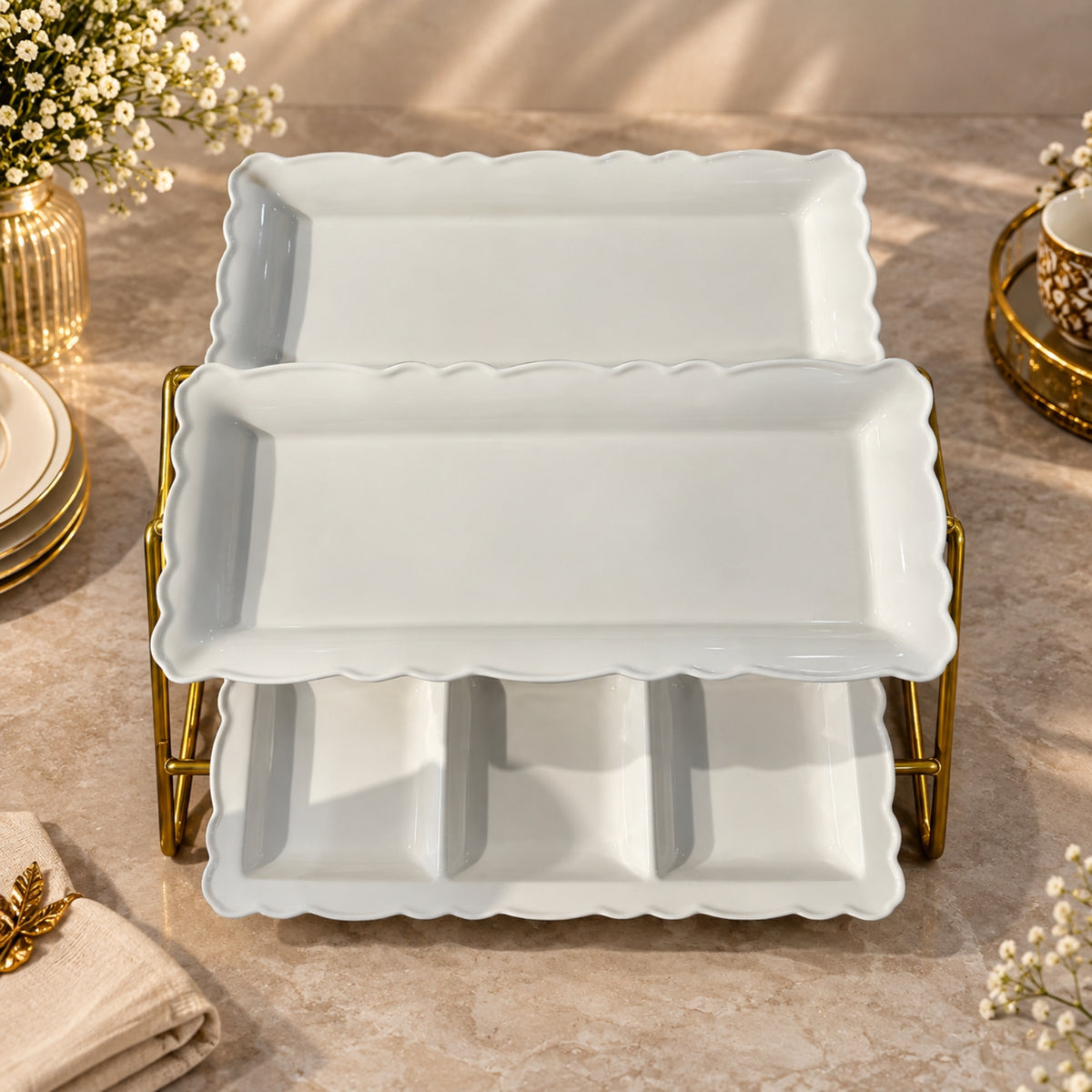 Elegant 2-Tier Rectangular Serving Set with Gold Metal Stand – 3 Serving Trays