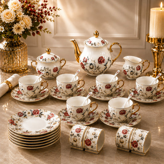 Elegant Floral 31-Piece Tea Set with Teapot, Cups & Dessert Plates – 23C099