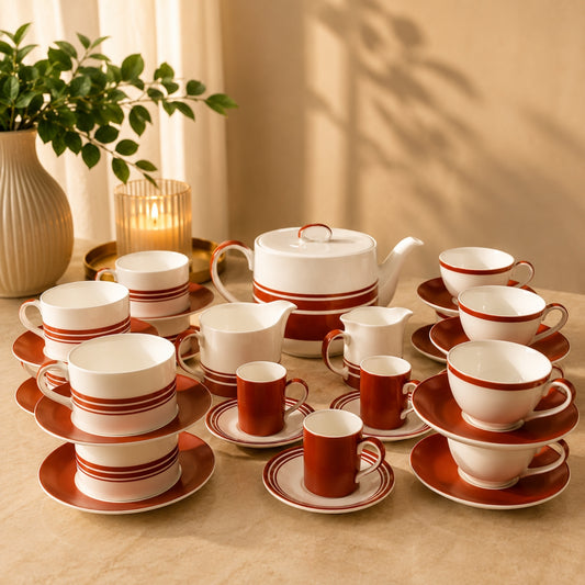39-Piece Tea, Coffee & Espresso Cup Set with Teapot & Creamers – Red & White