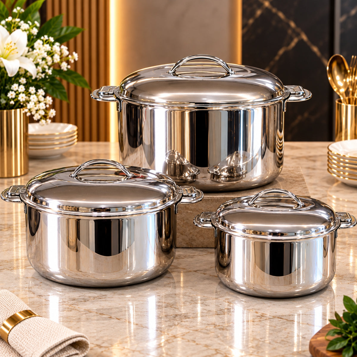 3-Piece Stainless Steel Hotpot Set 3L, 4L & 6L – Polished Silver