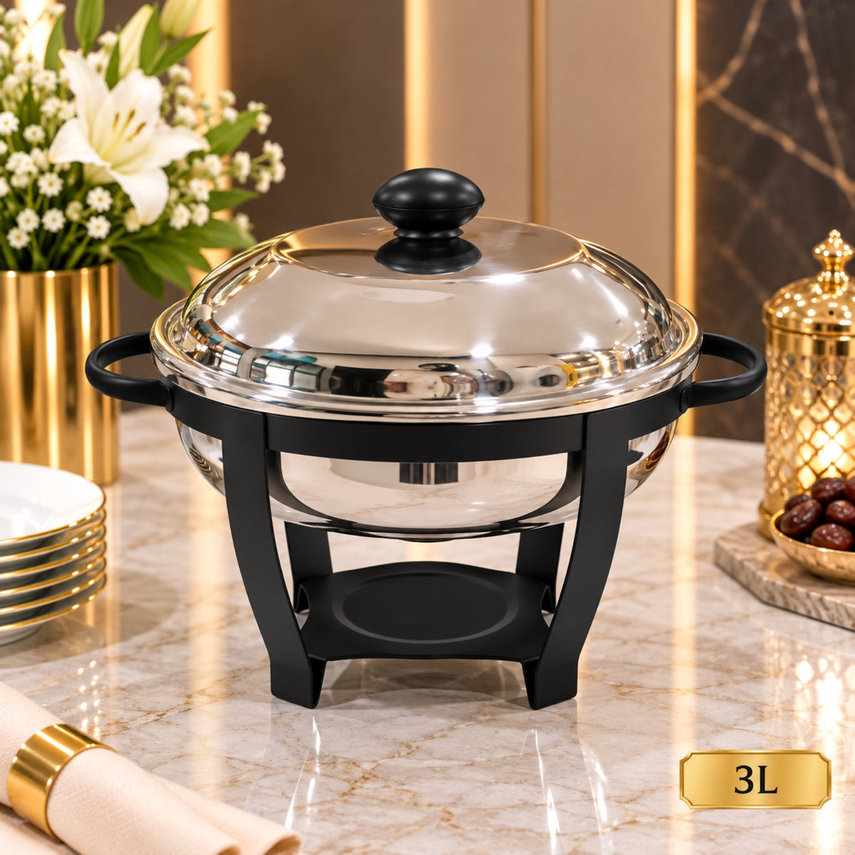 3L Silver & Black Round Stainless Steel Chafing Dish with Lid – Buffet Food Warmer