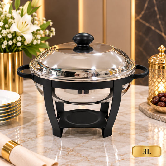 3L Silver & Black Round Stainless Steel Chafing Dish with Lid – Buffet Food Warmer
