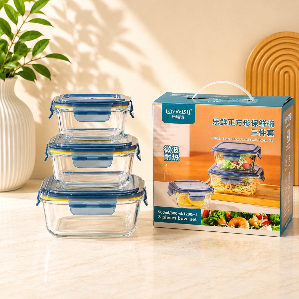 3-Piece Rectangular Glass Food Storage Container Set – 500ml, 800ml & 1200ml