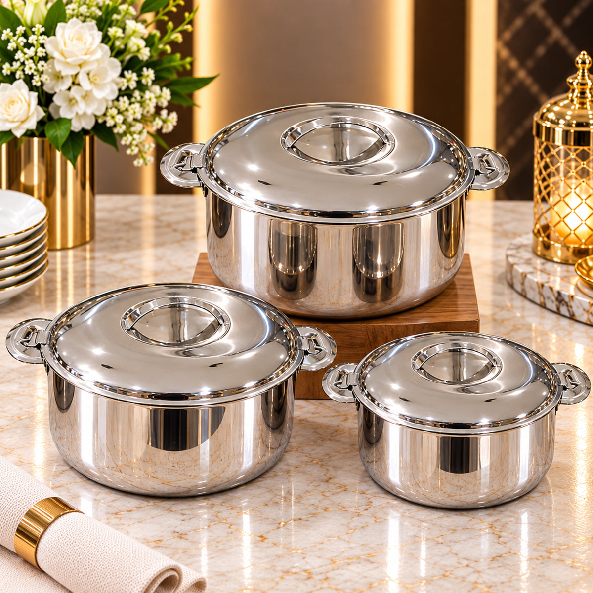 3-Piece Stainless Steel Hotpot Set 2L, 3L & 4L – Silver