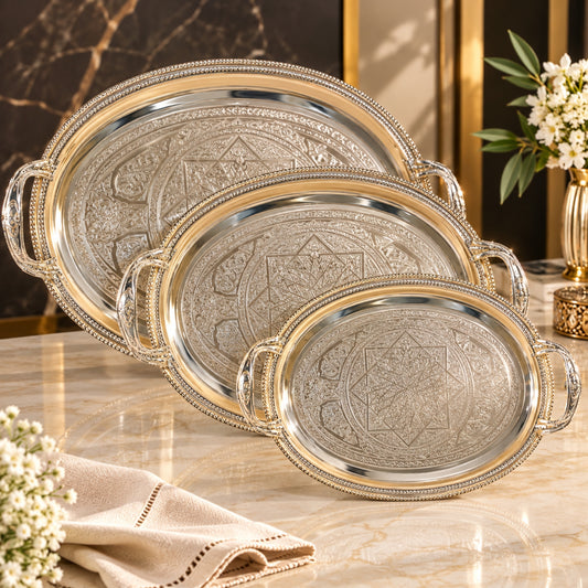 Luxury Silver-Plated Engraved Oval Serving Tray 3-Piece Set with Handles | FG527S