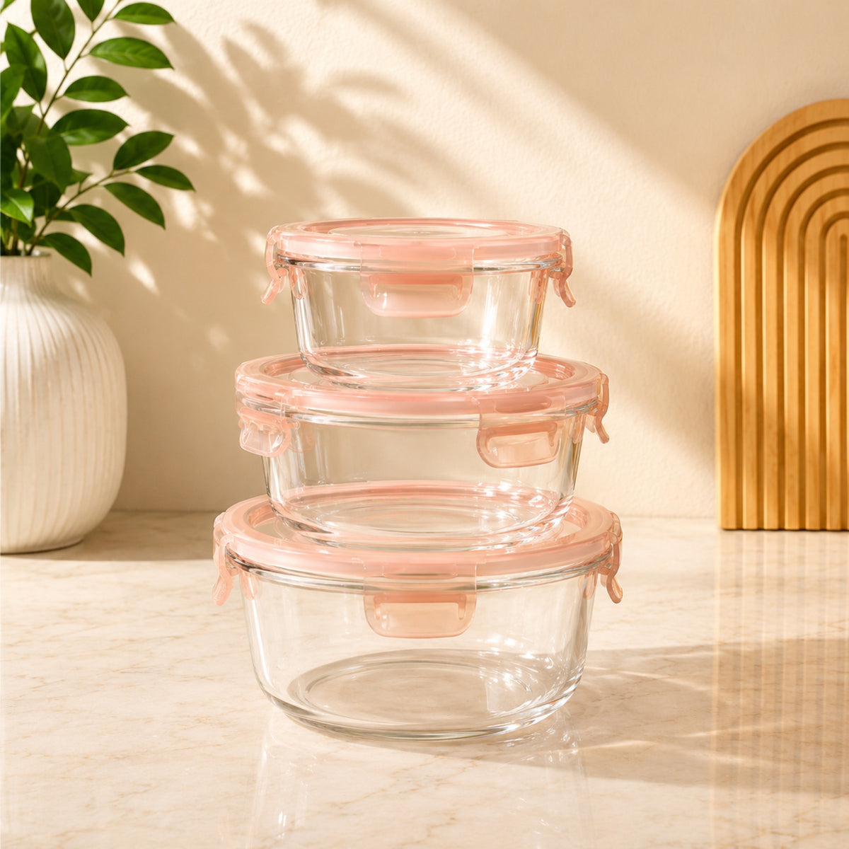 Leyi round fresh-keeping glass bowl 3-piece set with pink locking lids in 500ml 800ml and 1200ml sizes