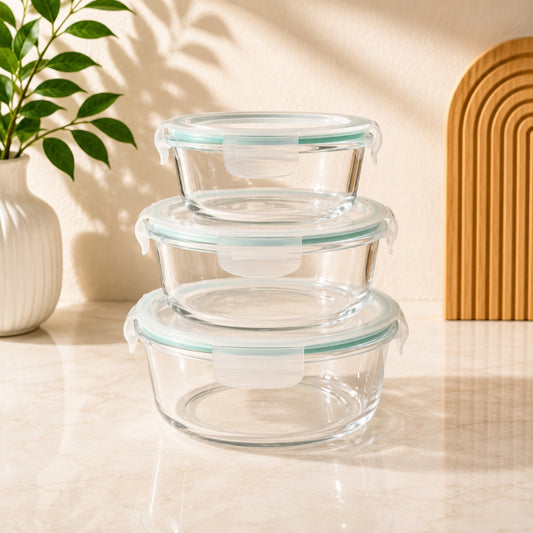 Lemei round glass lunch box 3-piece set with locking lids in 370ml 630ml and 930ml sizes